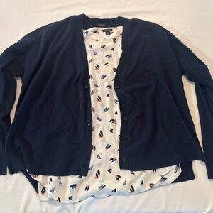Two (2) Ann Taylor Factory Tops, Navy Cardigan with Printed Blouse